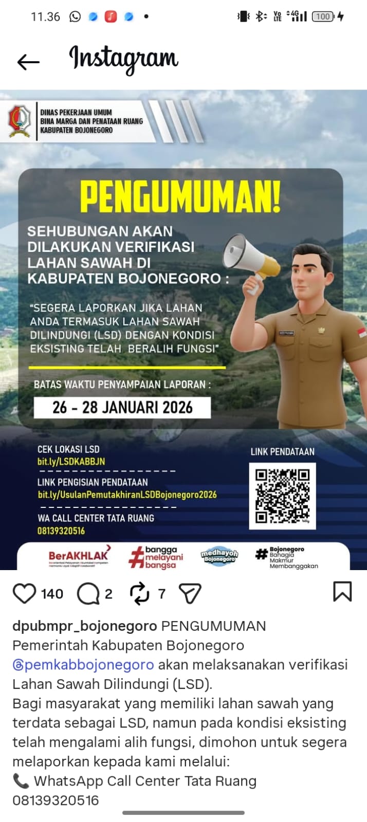 PENGUMUMAN!<BR>SEHUBUNGAN AKAN DILAKSANAKAN VERIFIKASI LAHAN SAWAH DI KABUPATEN BOJONEGORO